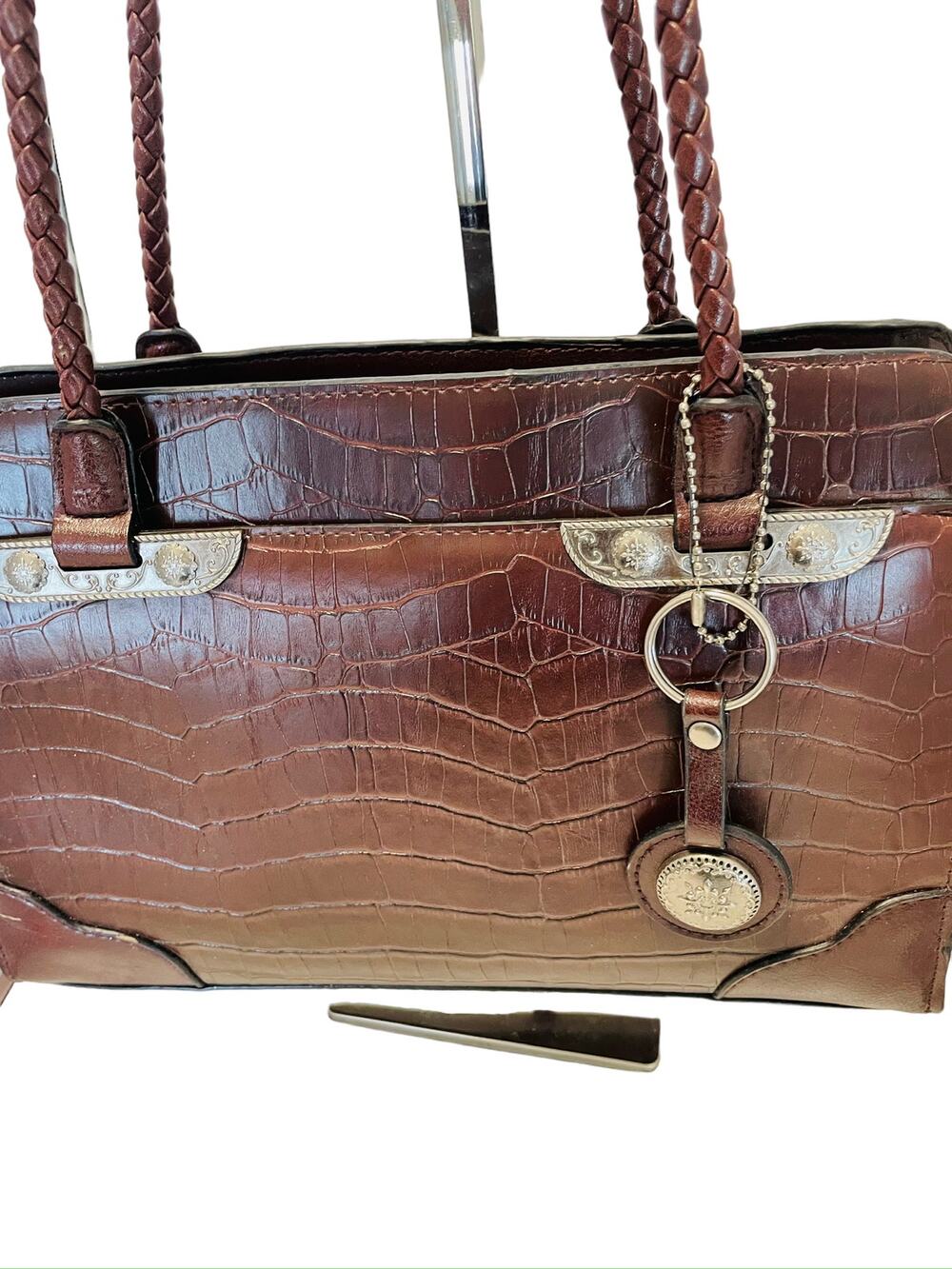 Bueno Faux Leather Medium Alligator Print Embossed Satchel Shoulder Brown